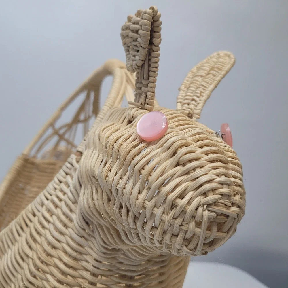 Vintage Woven Wicker Bunny Rabbit Easter Basket Pink Button Eyes‎ 13 Inch